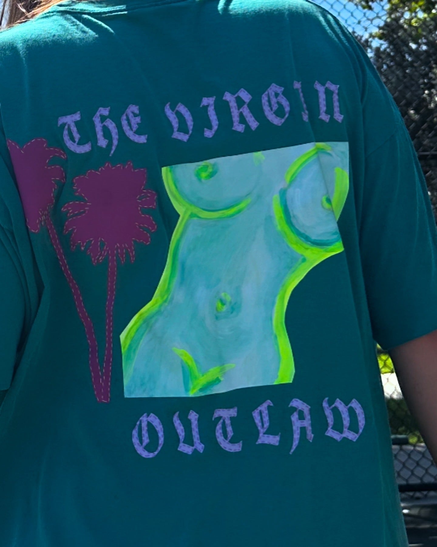 Custom Painted Ladies with Palm Trees Tee: Green & Pink Color-way: with Recycled Fabric Applique and Painted Iron-on