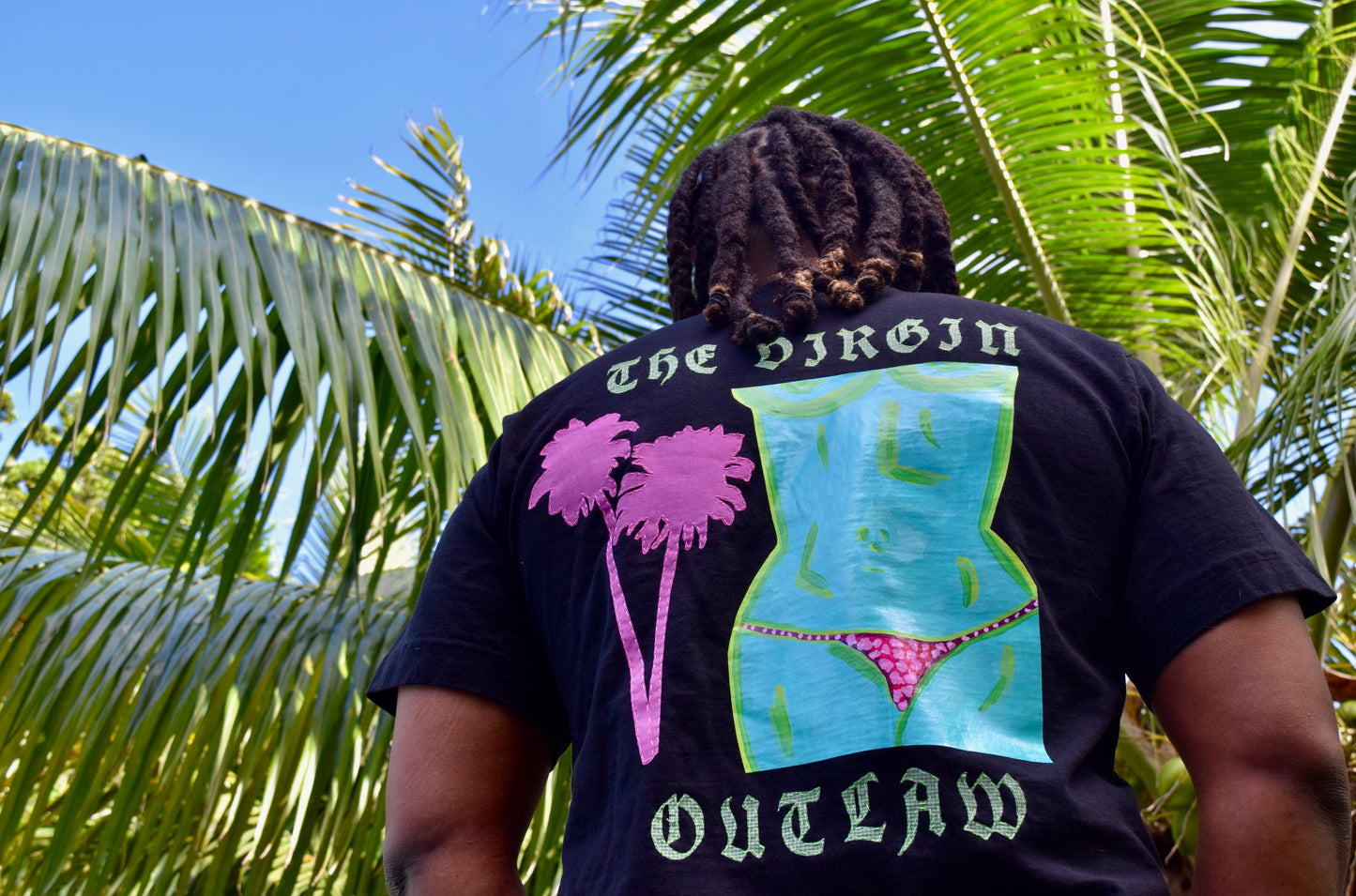 Custom Painted Ladies with Palm Trees Tee: Blue Green & Pink Color-way: with Recycled Fabric Applique and Painted Iron-on