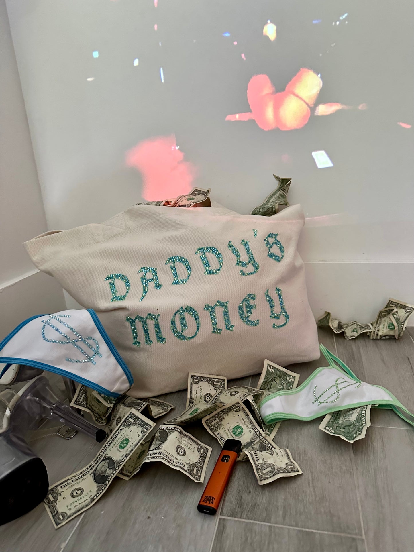 Daddy's Money tote: Tan, Blue & Green Color-way: with recycled fabric applique and rhinestones