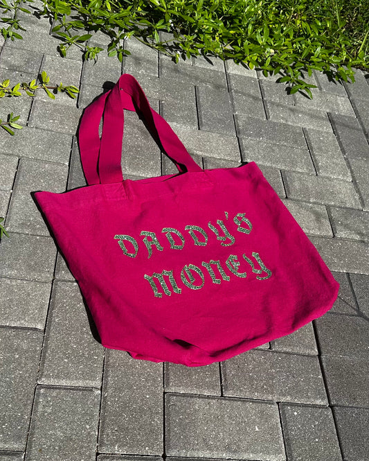 Daddy's Money tote: Pink & Green Color-way: with recycled fabric applique and rhinestones