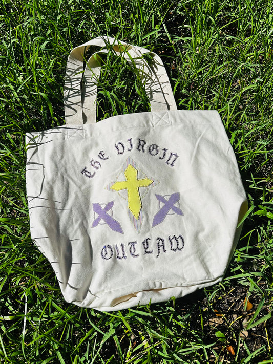 The Virgin Outlaw Tote: Tan, Purple, Neon Yellow Color-way: with Rhinestones