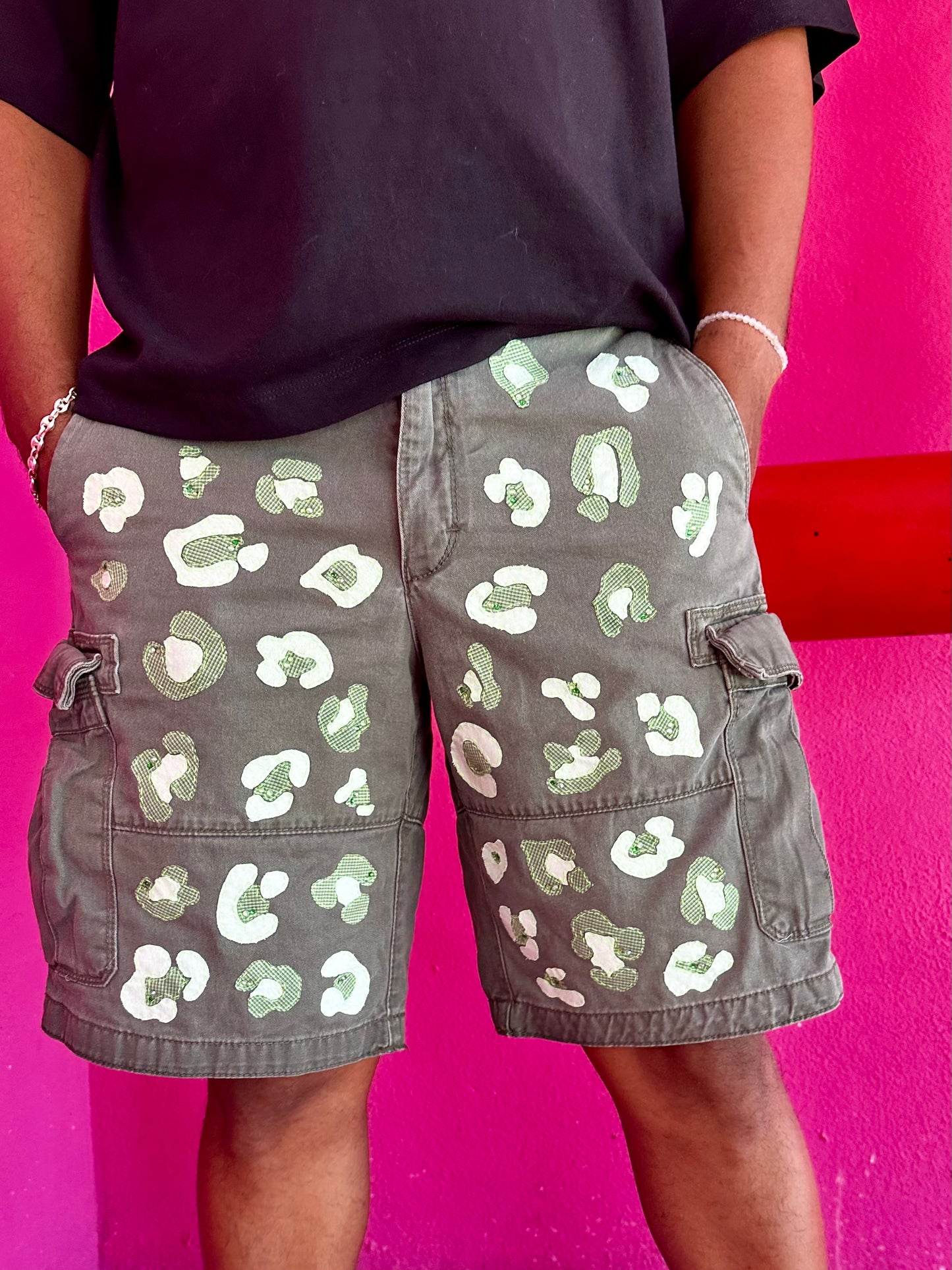 Custom Green Leopard Print Shorts with Recycled Fabric Appliqué and Rhinestones