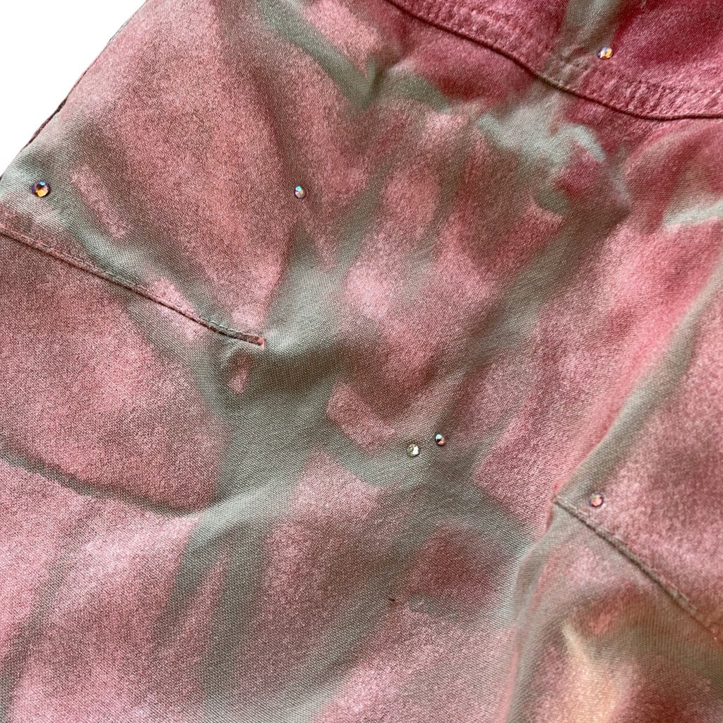 "Custom Spray Painted Pink and Red Chain Print Pants with Rhinestones"