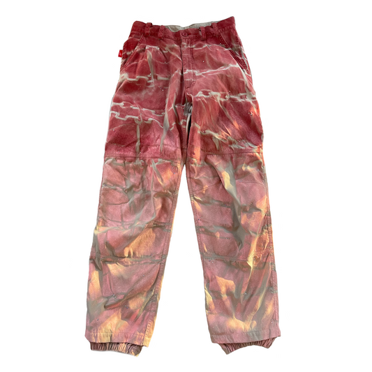 "Custom Spray Painted Pink and Red Chain Print Pants with Rhinestones"