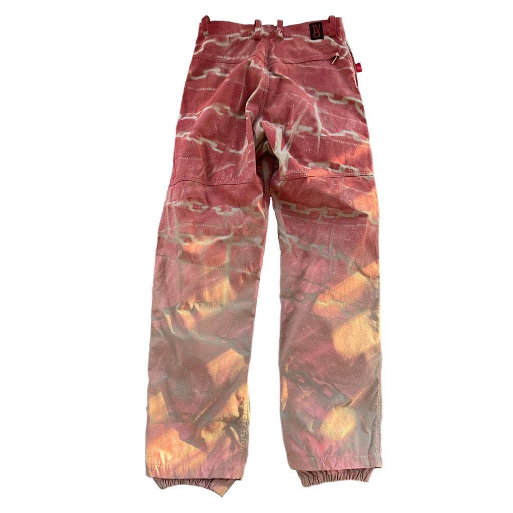 "Custom Spray Painted Pink and Red Chain Print Pants with Rhinestones"